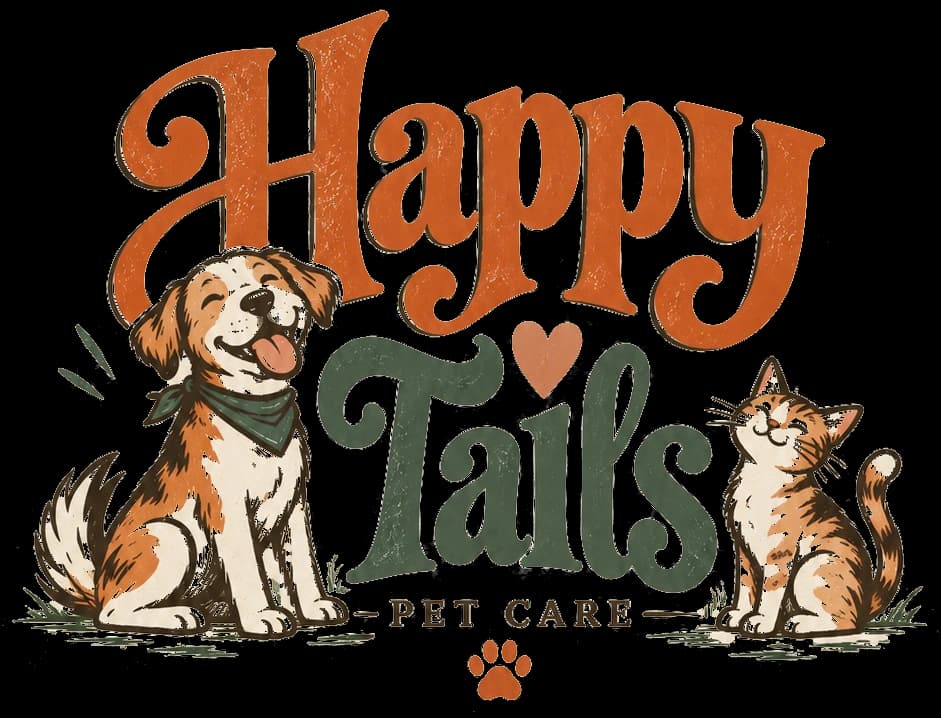 Happy Tails Pet Care logo: a smiling dog and cat beside the words Happy Tails
