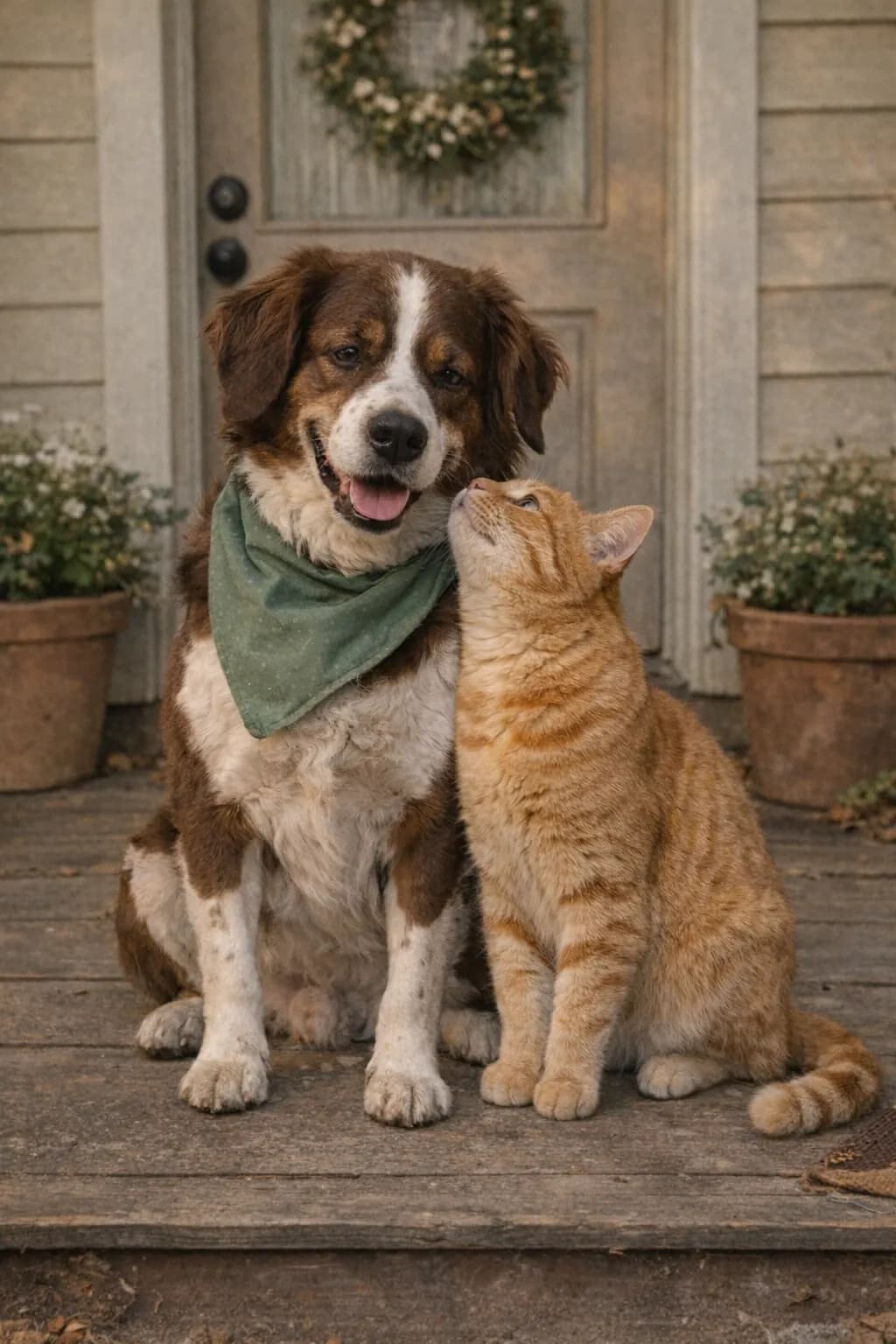 A happy dog in a green bandana and an orange tabby cat sitting together on a cozy front porch